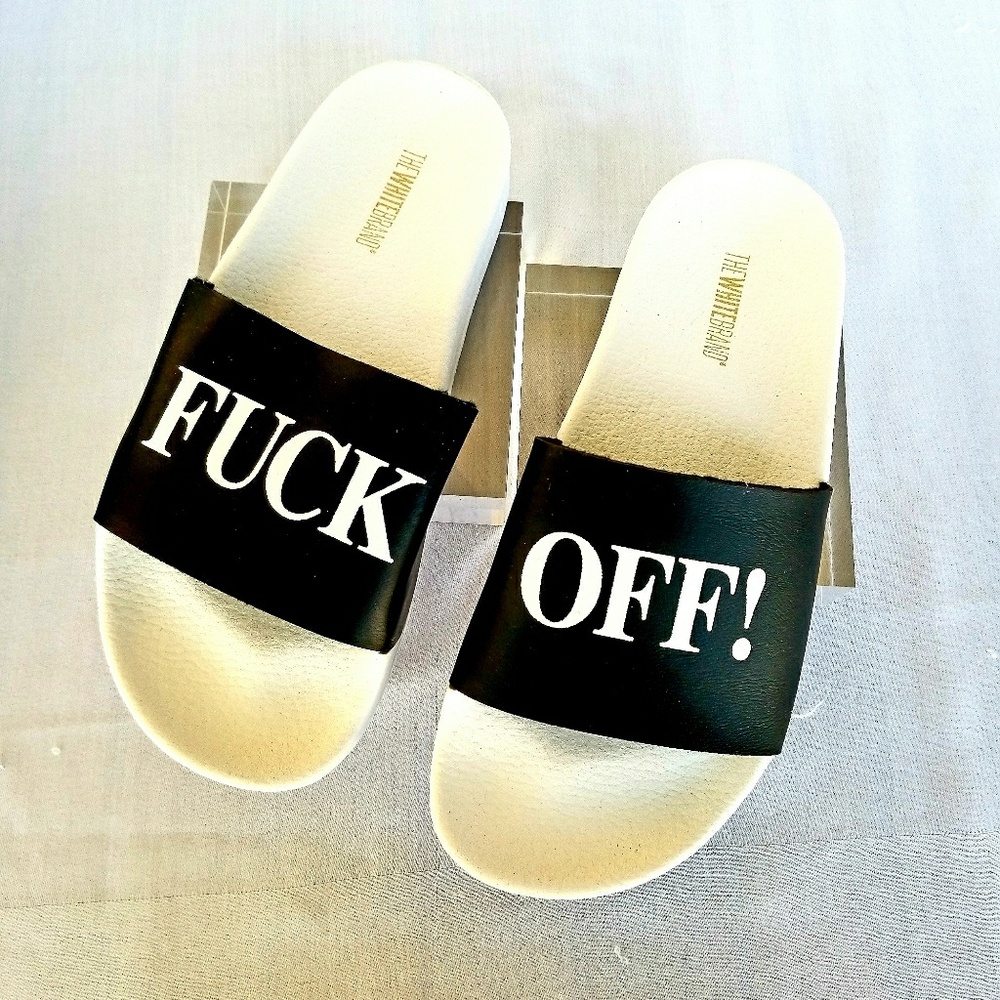 NWT The White Brand Fuck Off Black/White Slides - Picture 2 of 6